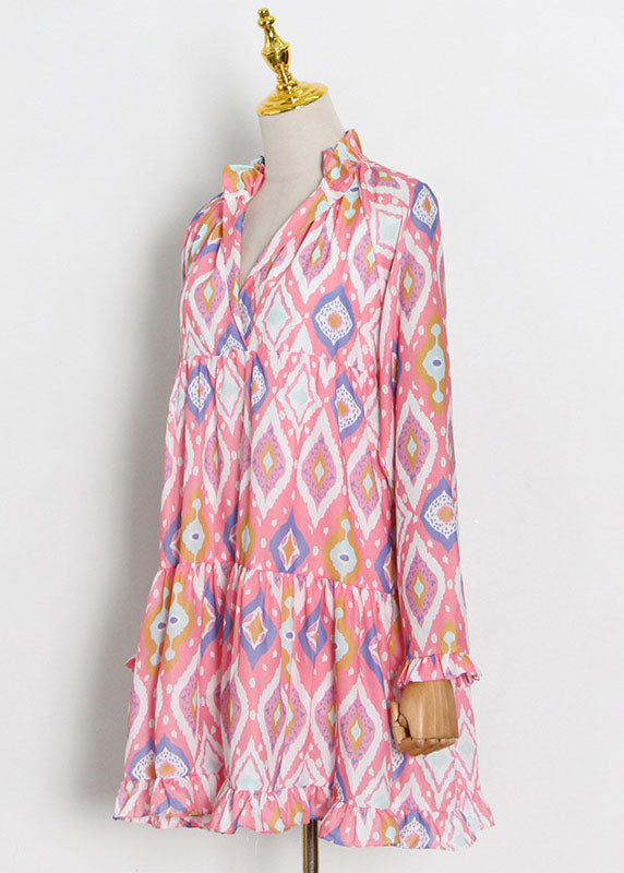 Green V Neck Ruffled Patchwork Print Top Long Sleeve