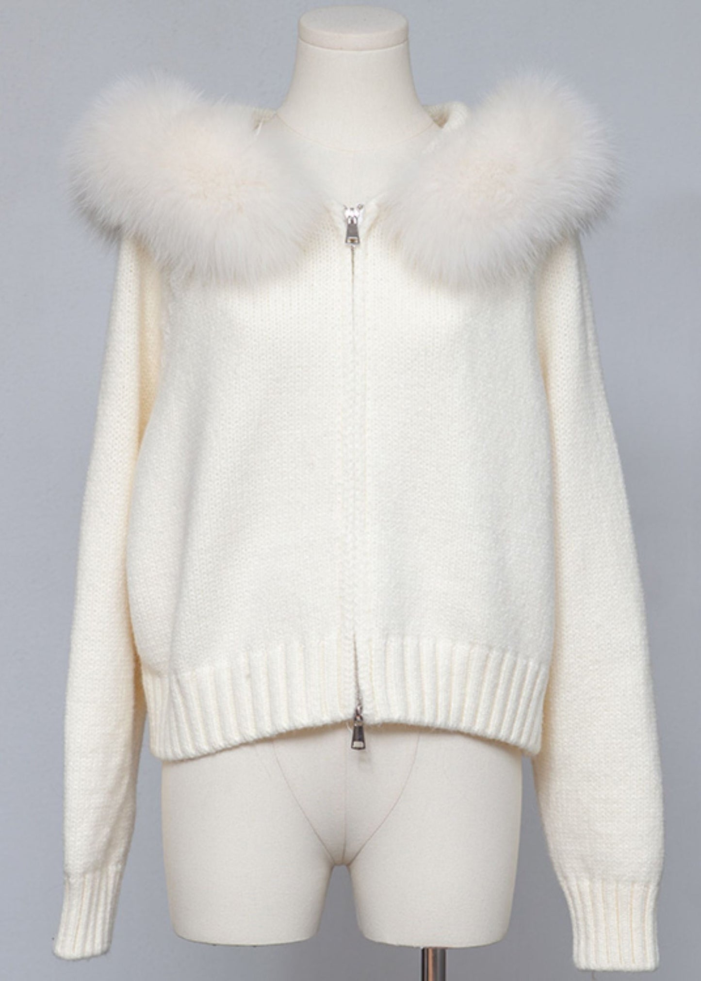 White Hooded Zippered Cozy Patchwork Knit Coat