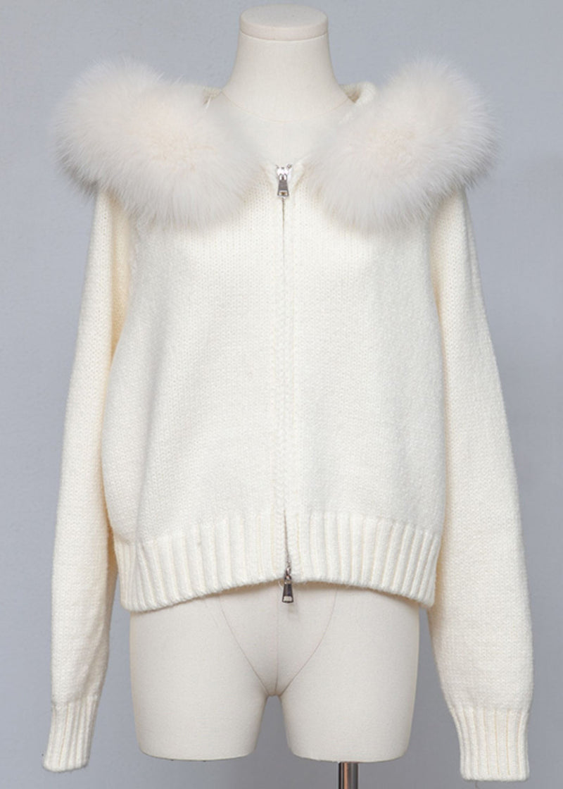 White Hooded Zippered Cozy Patchwork Knit Coat