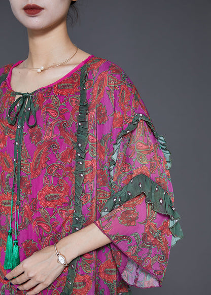 Purple Red Print Ruffled Chiffon Party Dress Summer