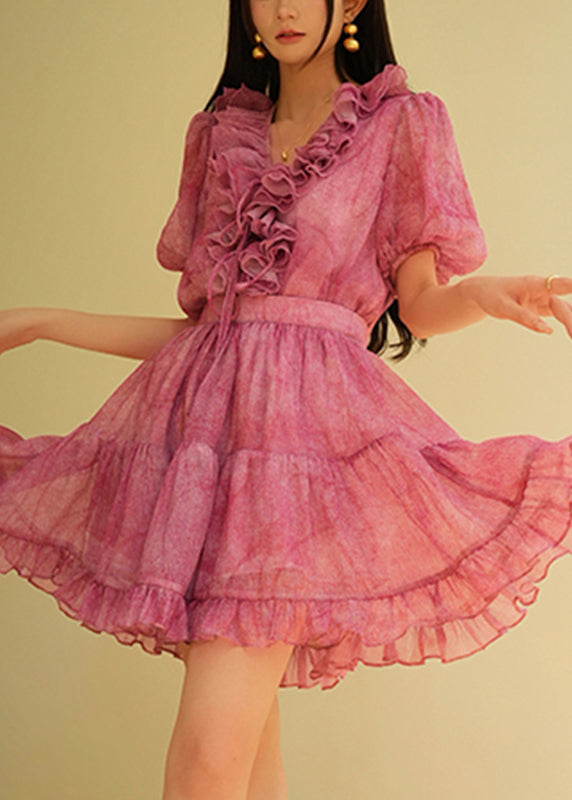 Vogue Red V Neck Ruffled Shirts and Skirts Two Piece Set Summer
