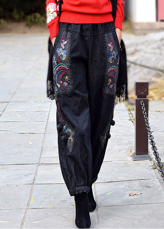 Black Grey Elastic Waist Embroideried Pockets Cotton Denim Harem Pants Spring
