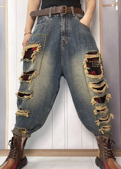 Blue Nail Bead Patchwork Sashes High Waist Ripped Jeans Summer