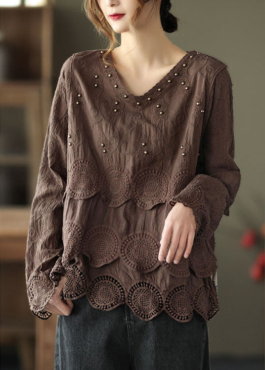 Chocolate Embroideried Hollow Out Fall Long Sleeve Shirt Tops