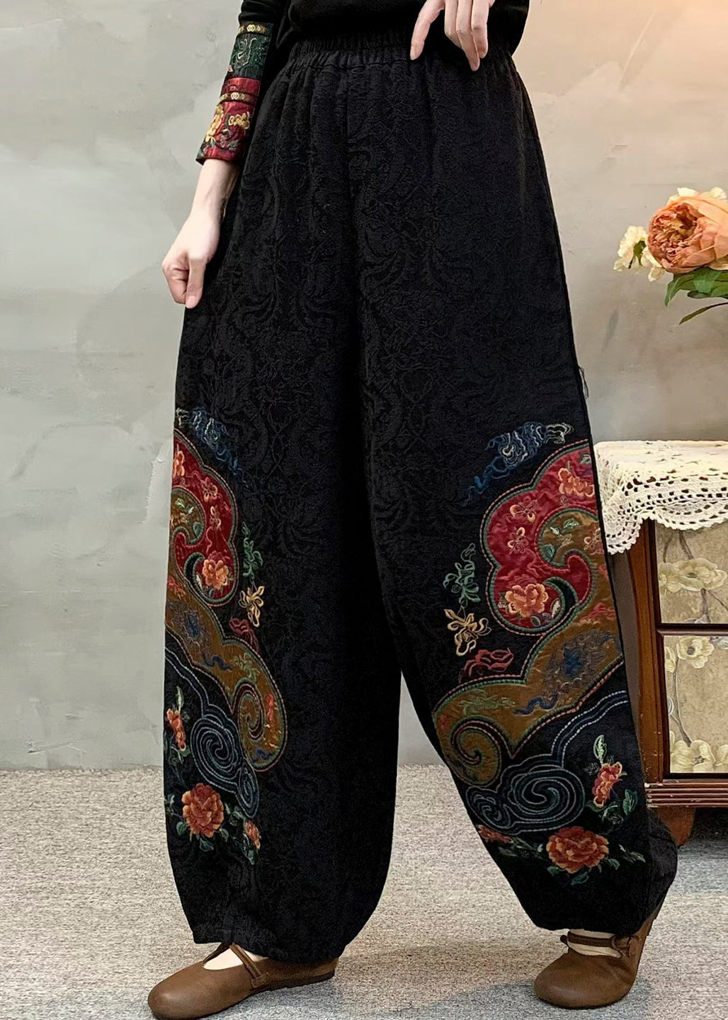 Black Embroidered Oversized Linen Pants Spring