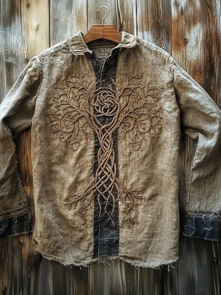 Viking Inspired Tree Of Life Embroidered Contrast Color Linen Shirt artswardrobe