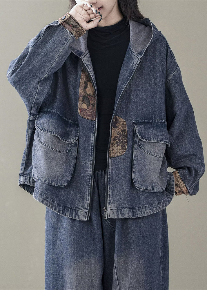 Blue Hooded Patchwork Denim Coats Spring