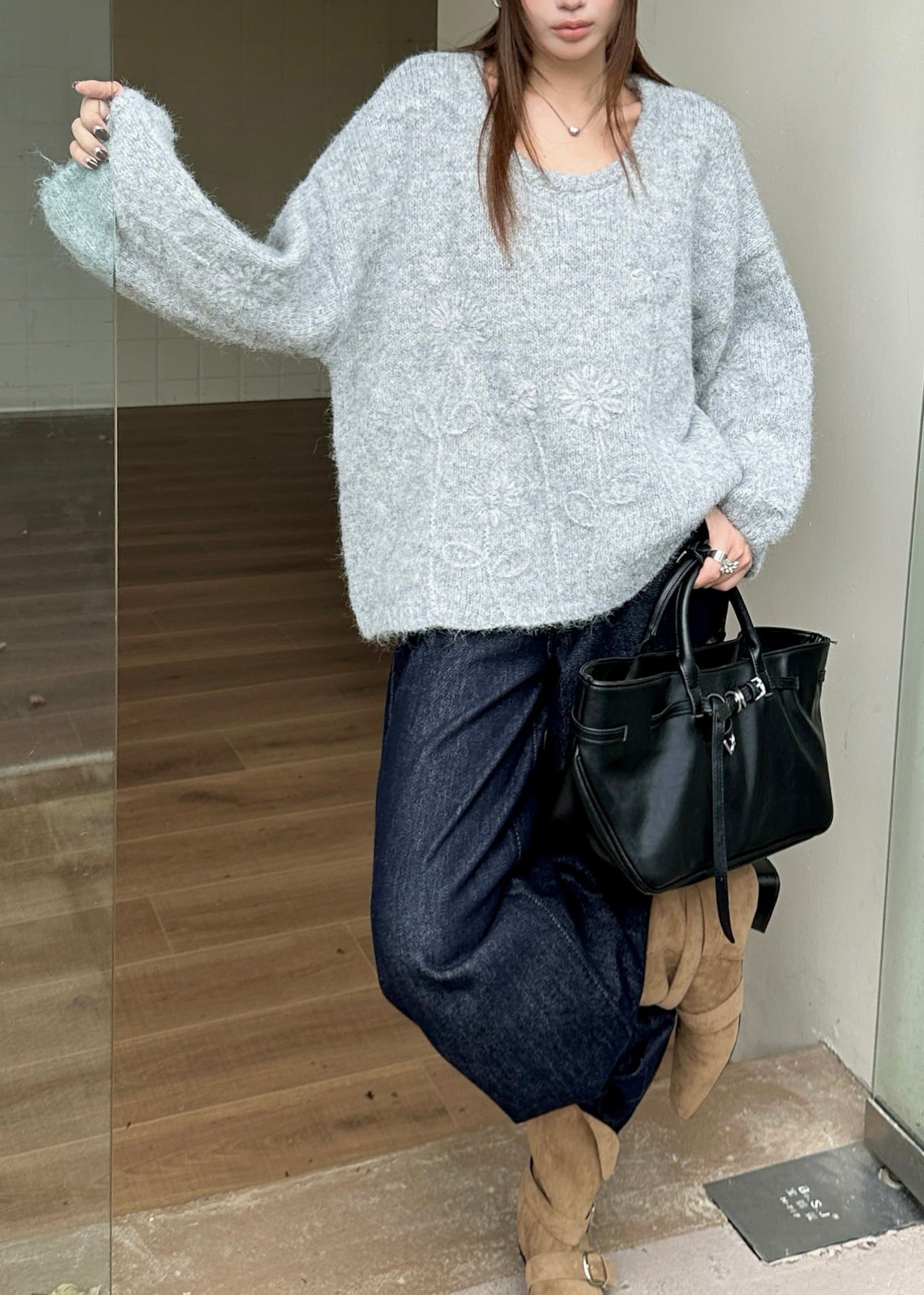 Grey Jacquard Thic Knit Sweater Tops Winter