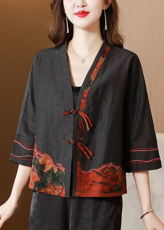 Black Embroideried Chinese Button Silk Jacket Bracelet Sleeve