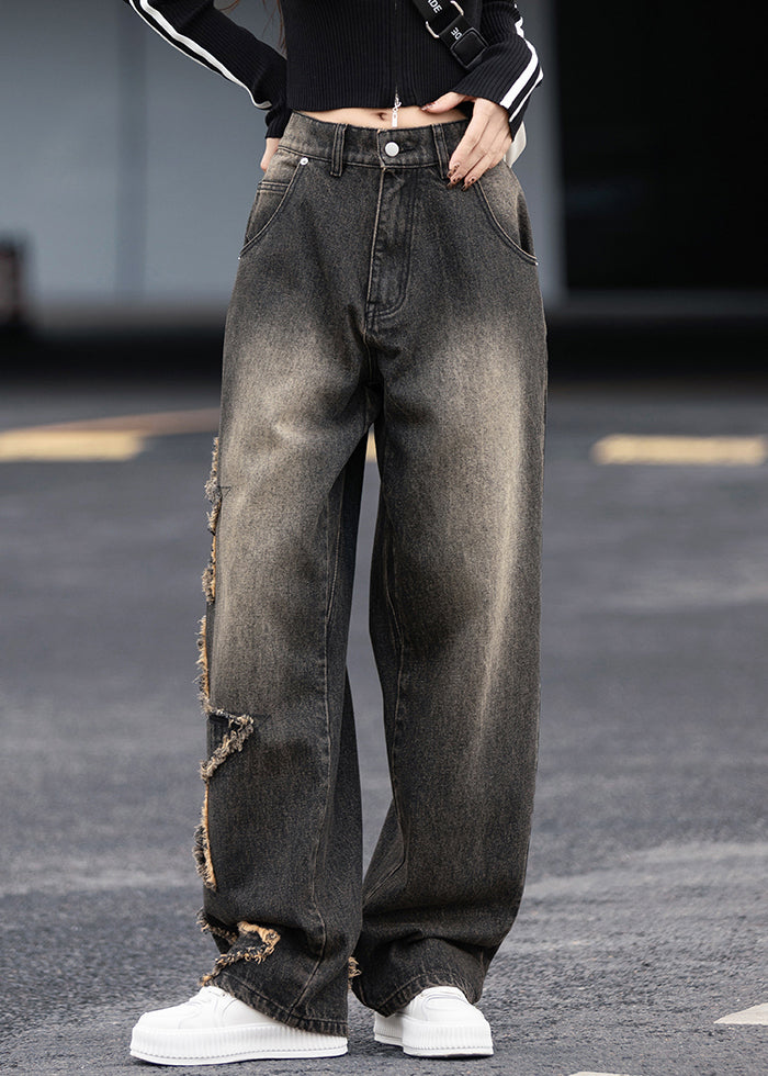 Black Grey Pockets Patchwork Denim Pants Fall