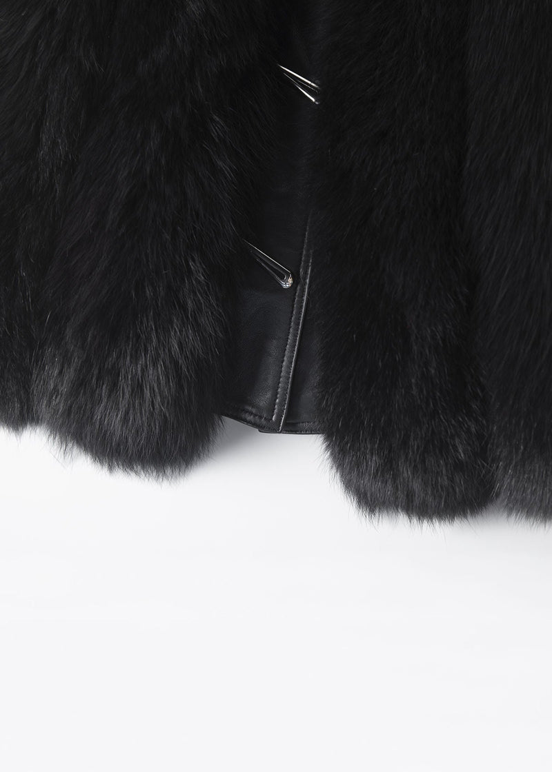 New Black Fox Collar Button Patchwork Leather and Fur Waistcoat Sleeveless