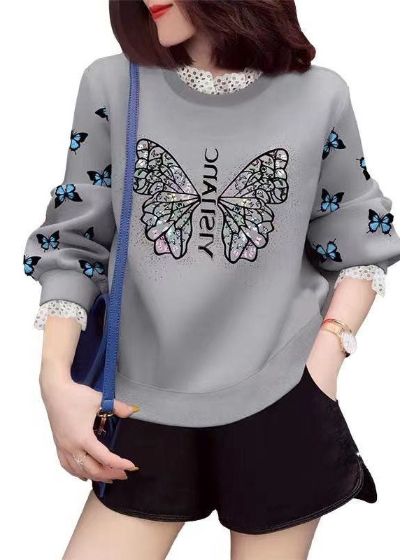 Grey Lace Patchwork Print Fall Sweatshirt Street Wear