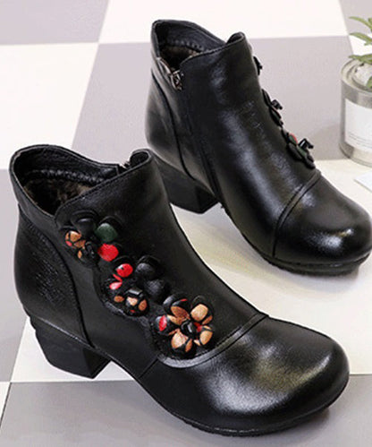 Black Chunky Heel Cowhide Leather Splicing Boots