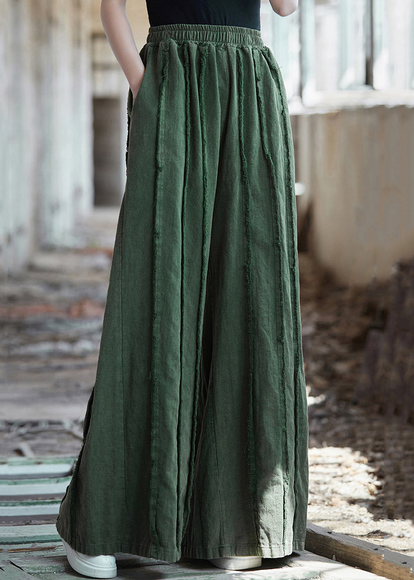 Green Pockets Elastic Waist Linen Pants Summer