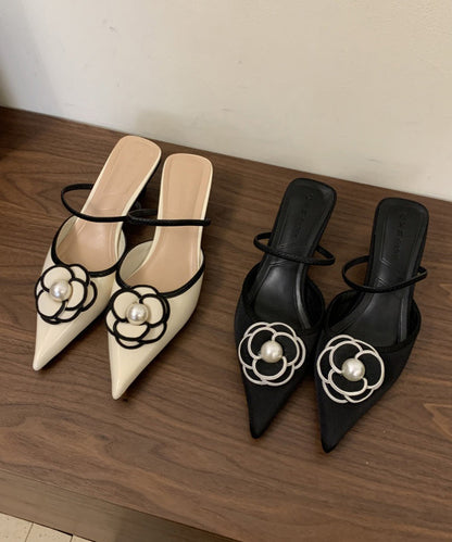 French Black Splicing Slide Sandals Pointed Toe