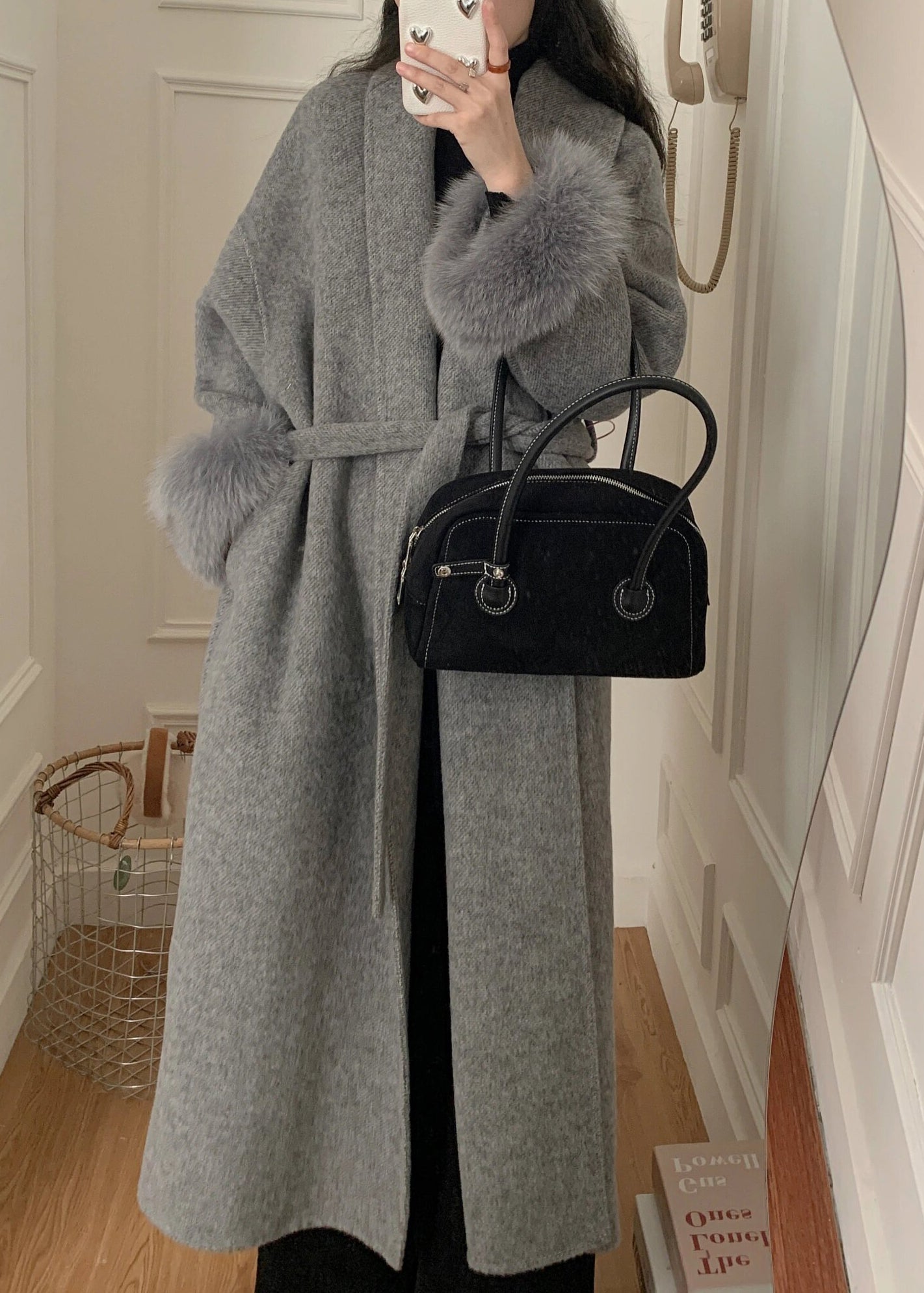 Grey Fox Fur Patchwork Woolen Duster Coat Winter