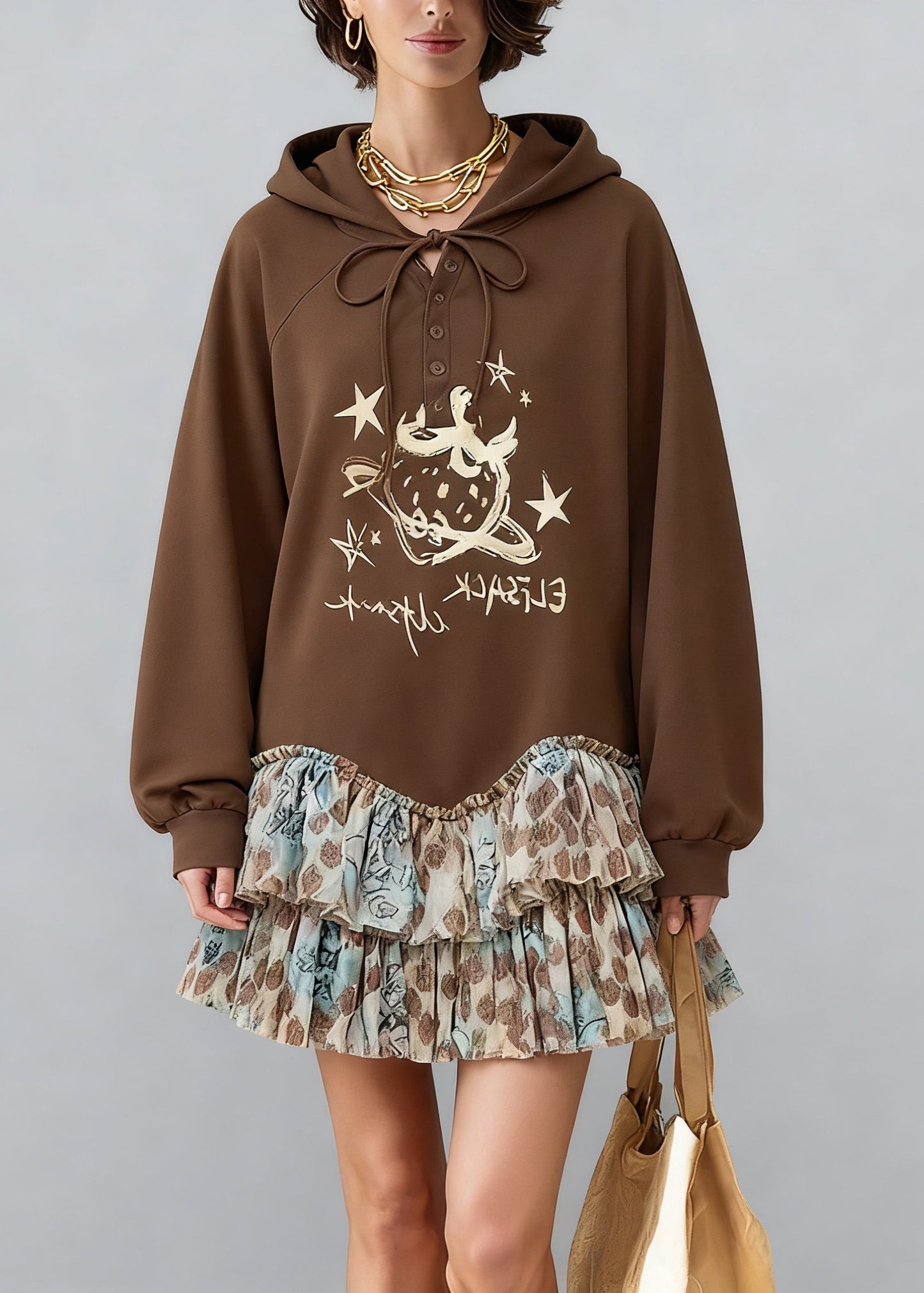 Coffee Hooded Print Tulle Patchwork Sweatshirt Dresses Spring