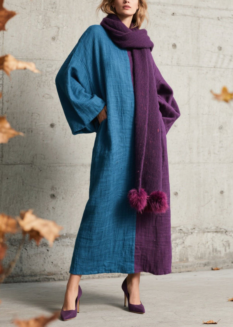 Loose Colorblock O Neck Patchwork Cotton Long Dress Fall
