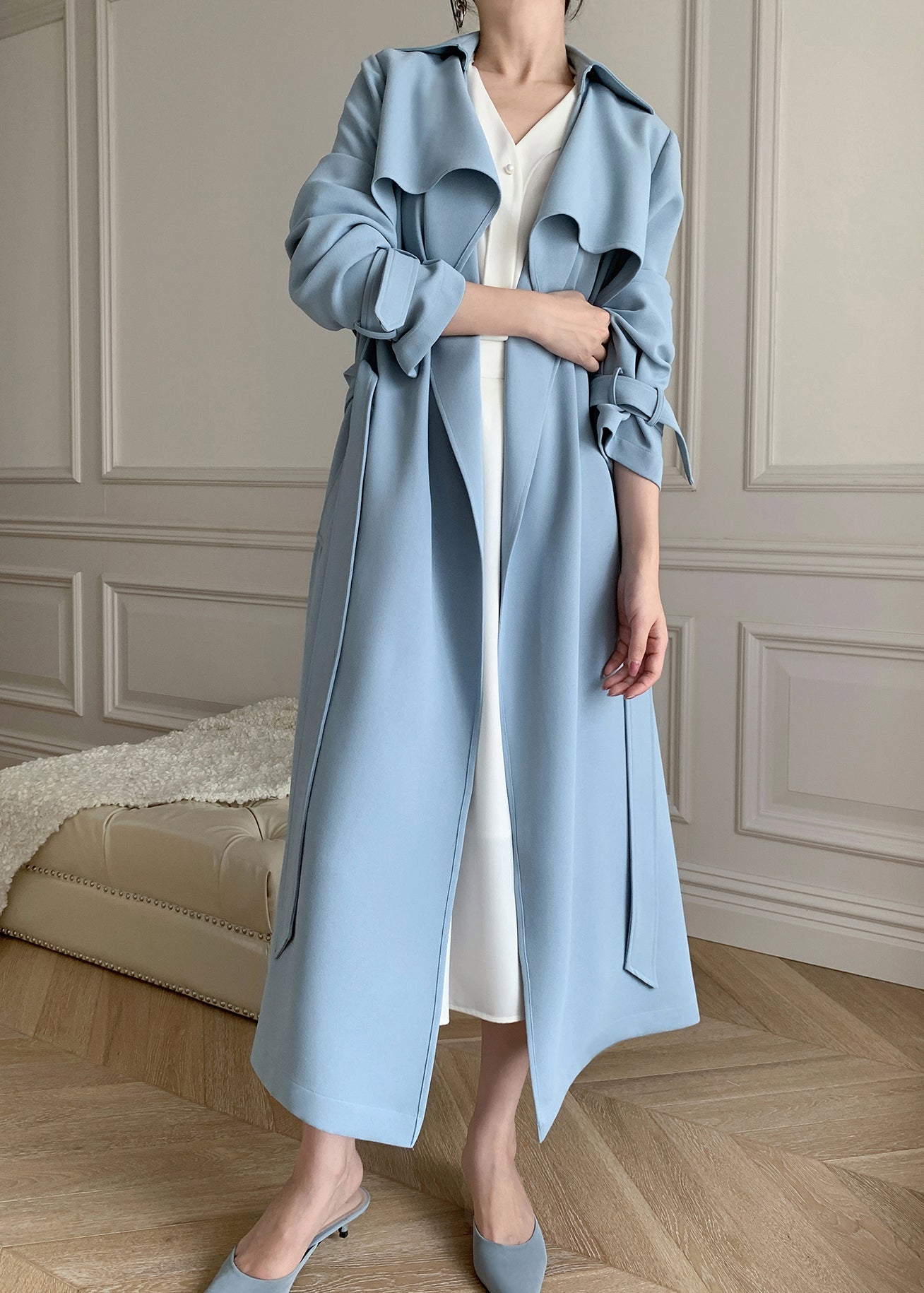 Boutique Blue Peter Pan Collar Pockets Trench Coats Long Sleeve Fall