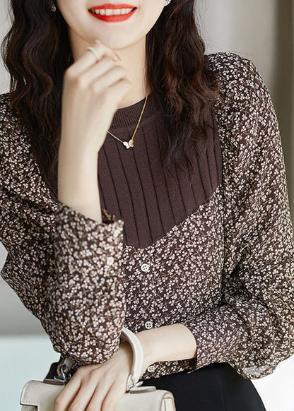 Brown O-neck Print Patchwork Button Knit Shirt Long Sleeve