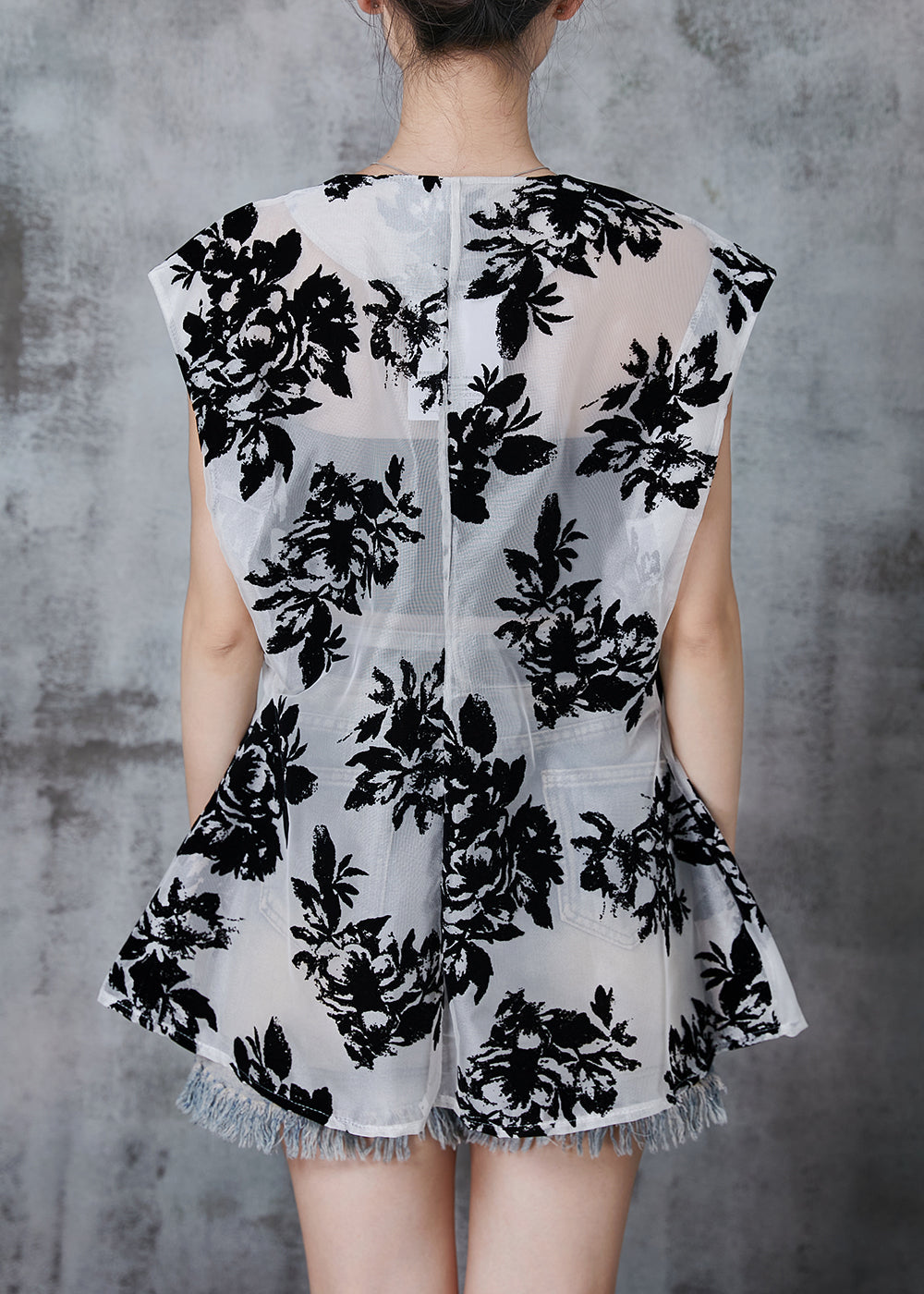White Print Tulle Upf 50+ Tops Oversized Sleeveless