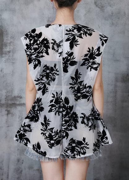 White Print Tulle Upf 50+ Tops Oversized Sleeveless