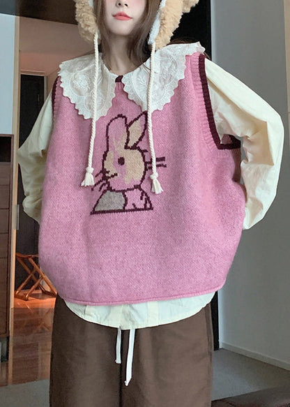 New Pink O-neck Waistcoat and Blouses Cotton Knit Two Pieces Set Fall