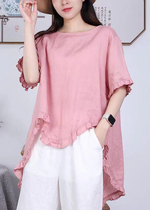 Rose Asymmetrical Ruffled Patchwork Linen Tops Summer