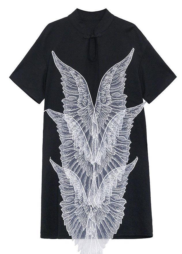French Black Oriental Appliques Shift Dresses Summer