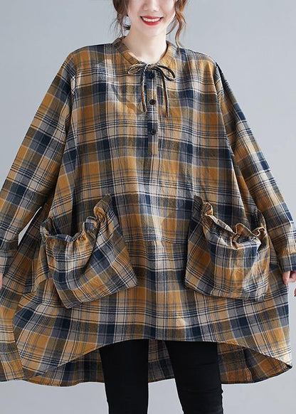 Plaid Shirts O-neck Asymmetric Clothing Spring Top