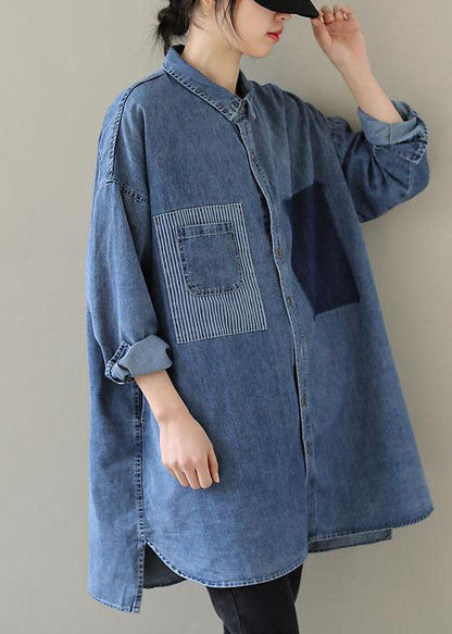 Organic Blue Peter Pan Collar Denim Blouses Spring