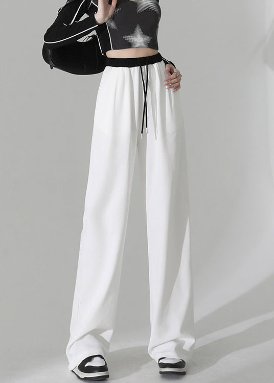 Pink Pockets Elastic Waist Cotton Straight Pants Spring