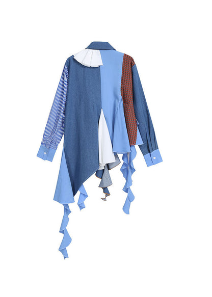 Unique Blue Asymmetrical Design Peter Pan Collar Patchwork Shirts Spring