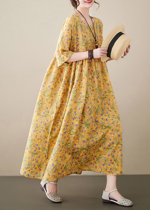Novelty Yellow O-neck Print Patchwork Cozy Cotton Maxi Dress Summer