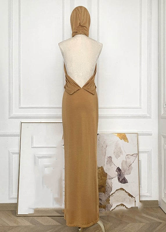 Organic Yellow Wrinkled Hollow Out Backless Hoode Long Dress Sleeveless Summer