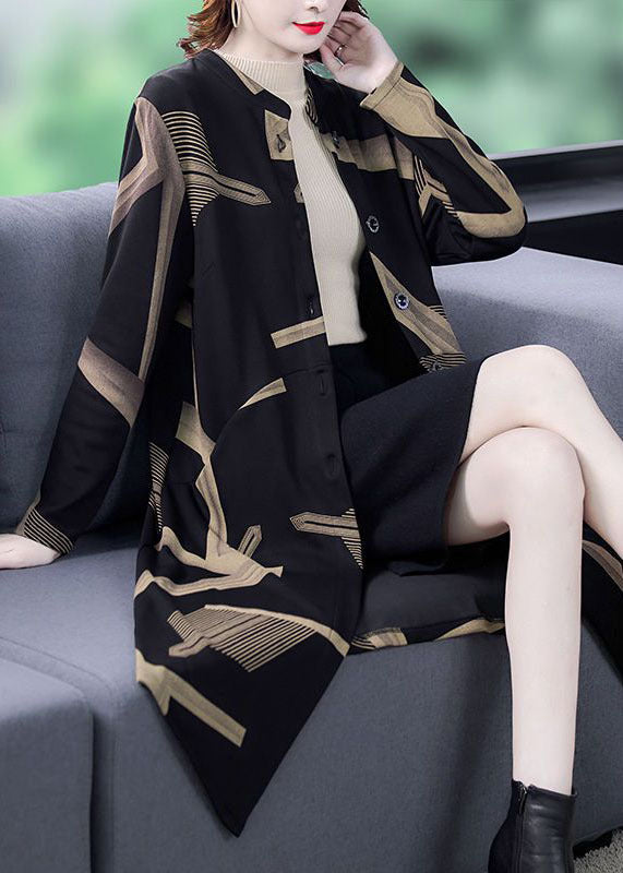 Black Stand Collar Oversized Print Coat Outwear Long Sleeve