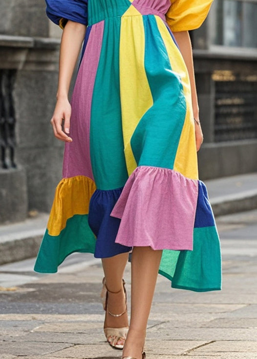 Colorblock Puff Sleeve Patchwork Cotton Party Dress Summer