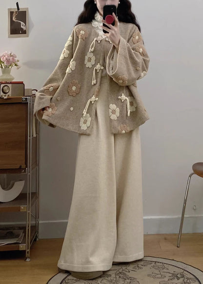 Apricot Chinese Button Coat and Wide Leg Pants Woolen Two Pieces Set Fall