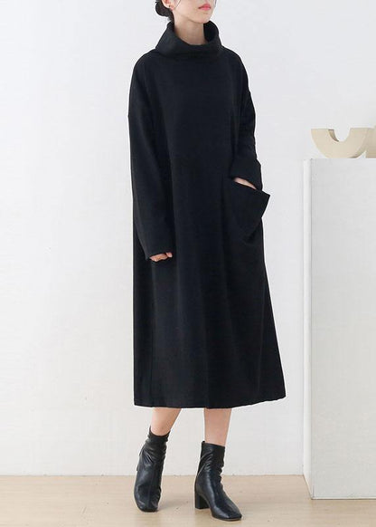 Handmade Black Loose Turtleneck Fall Cotton Dress Long Sleeve
