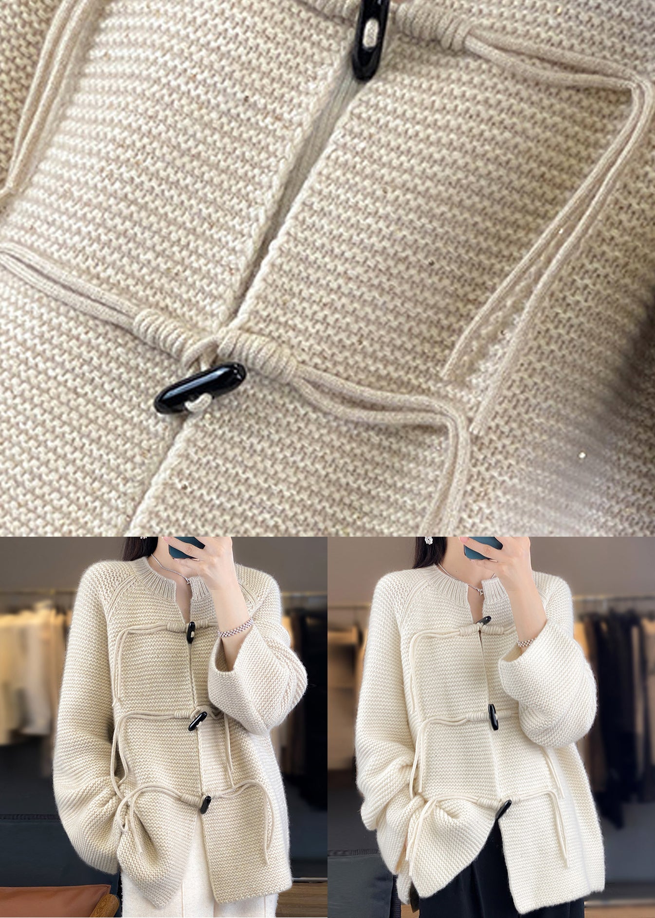 White Woolen Knit Coat O-neck Long Sleeve