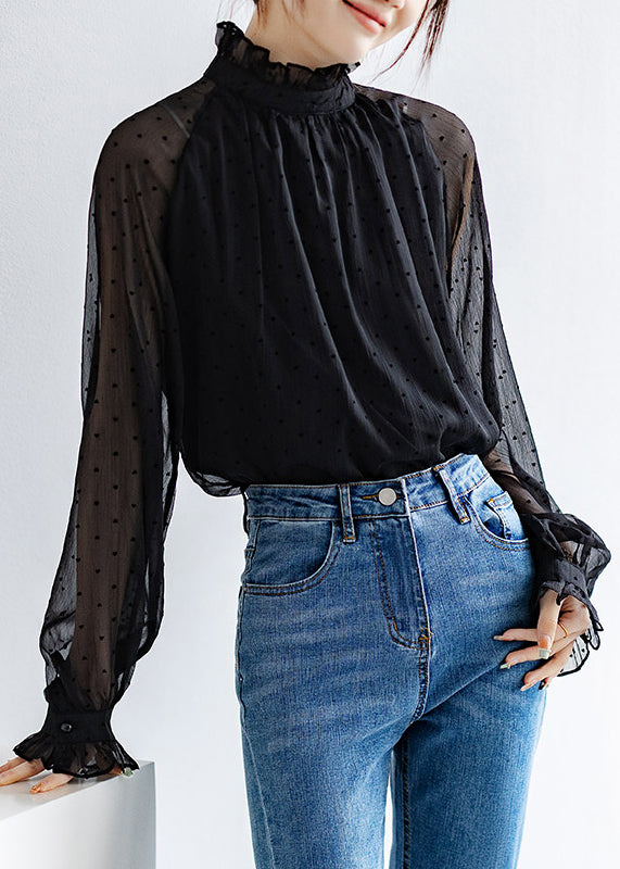 Black Ruffled Dot Thin Chiffon Shirts Fall