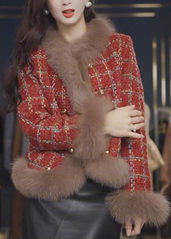Red Fur Collar Plaid Patchwork Woolen Coats Spring