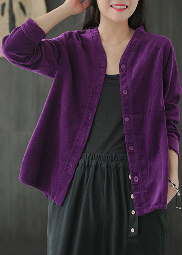 Purple V Neck Color Button Corduroy Shirt Tops Long Sleeve