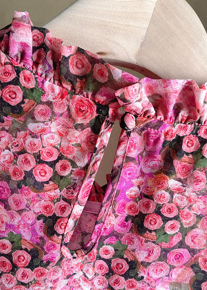 Red Ruffled Print Patchwork Silk Top Flare Sleeve