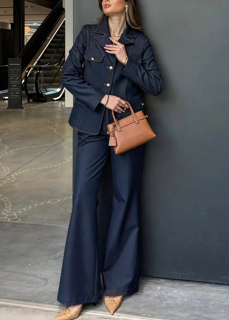 American Style Blue Coat and Pants Denim Two Pieces Set Fall