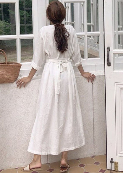 White Patchwork Cotton Dress V Neck Spring