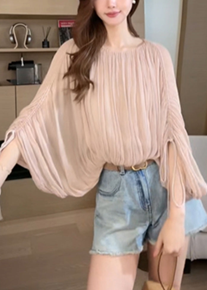 Pink Wrinkled Lace Up Shirts Batwing Sleeve