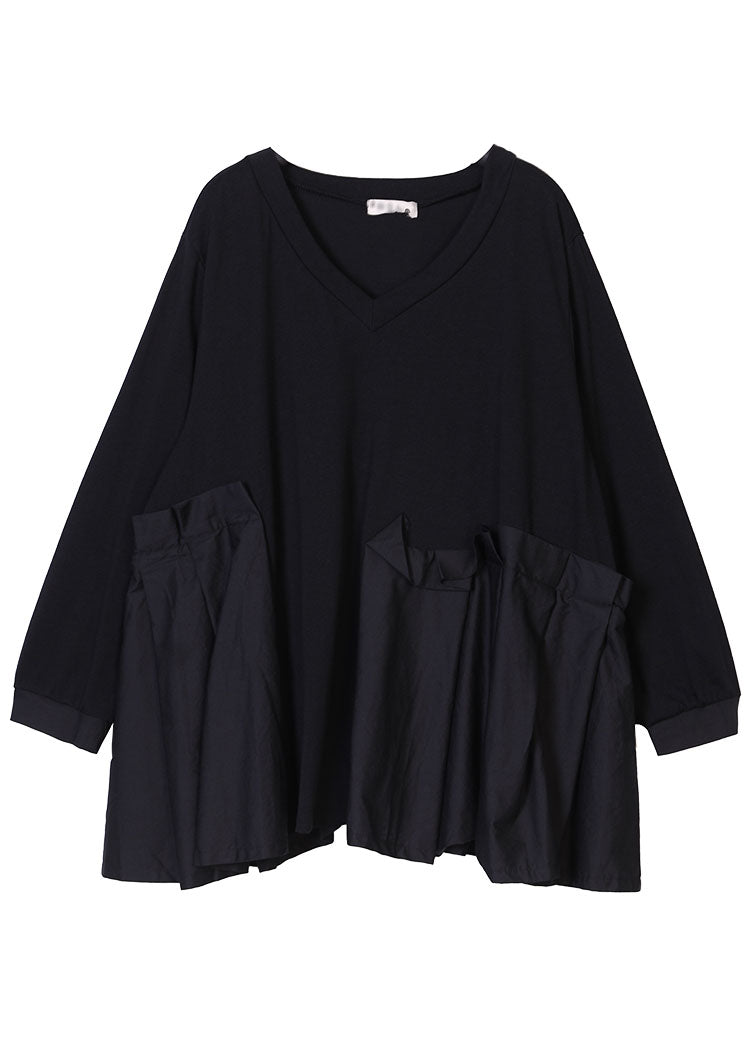 Loose Black V Neck Asymmetrical Design Patchwork Wrinkled Cotton Top Long Sleeve