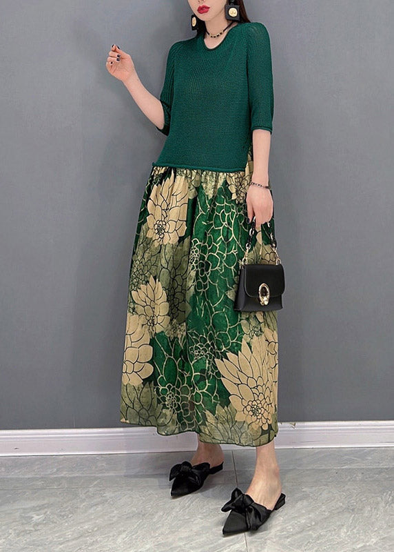 Green O-neck Chiffon Patchwork Print Knit Long Dress Half Sleeve