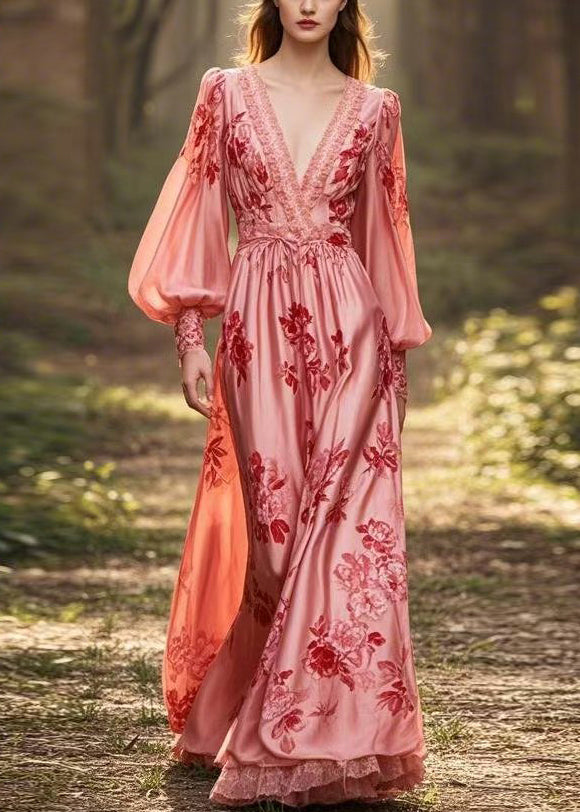 Stylish Pink V Neck Print Silk Dresses Lantern Sleeve Spring